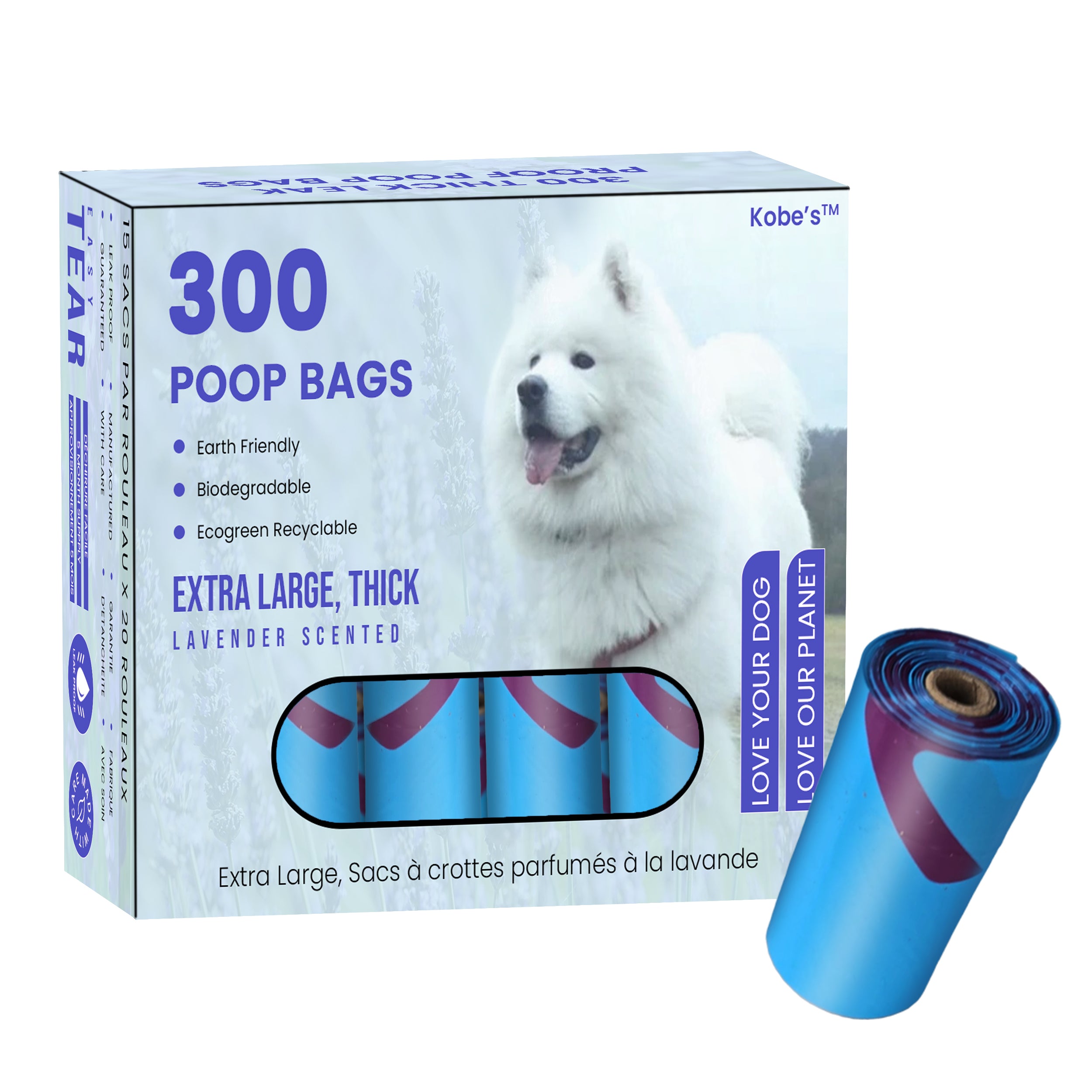 Dog Poop Bags by KOBES | 300 Lavender Scented Dog Poop Bags Rolls | 100% Leak Proof Guaranteed